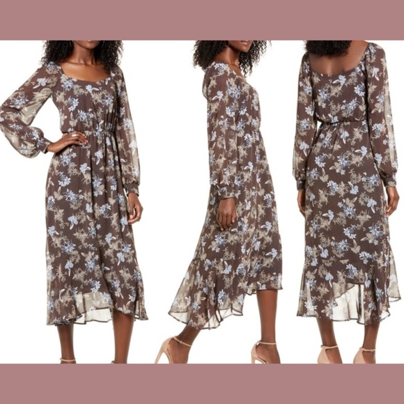 NEW All In Favor‎ [ Medium ] Square Neck Long Sleeve Midi Chiffon Dress - Picture 1 of 16